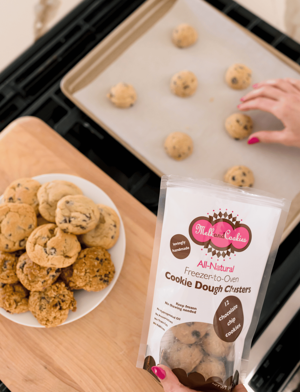 Person preparing MelkandCookies with a package of cookie dough clusters on a kitchen counter.